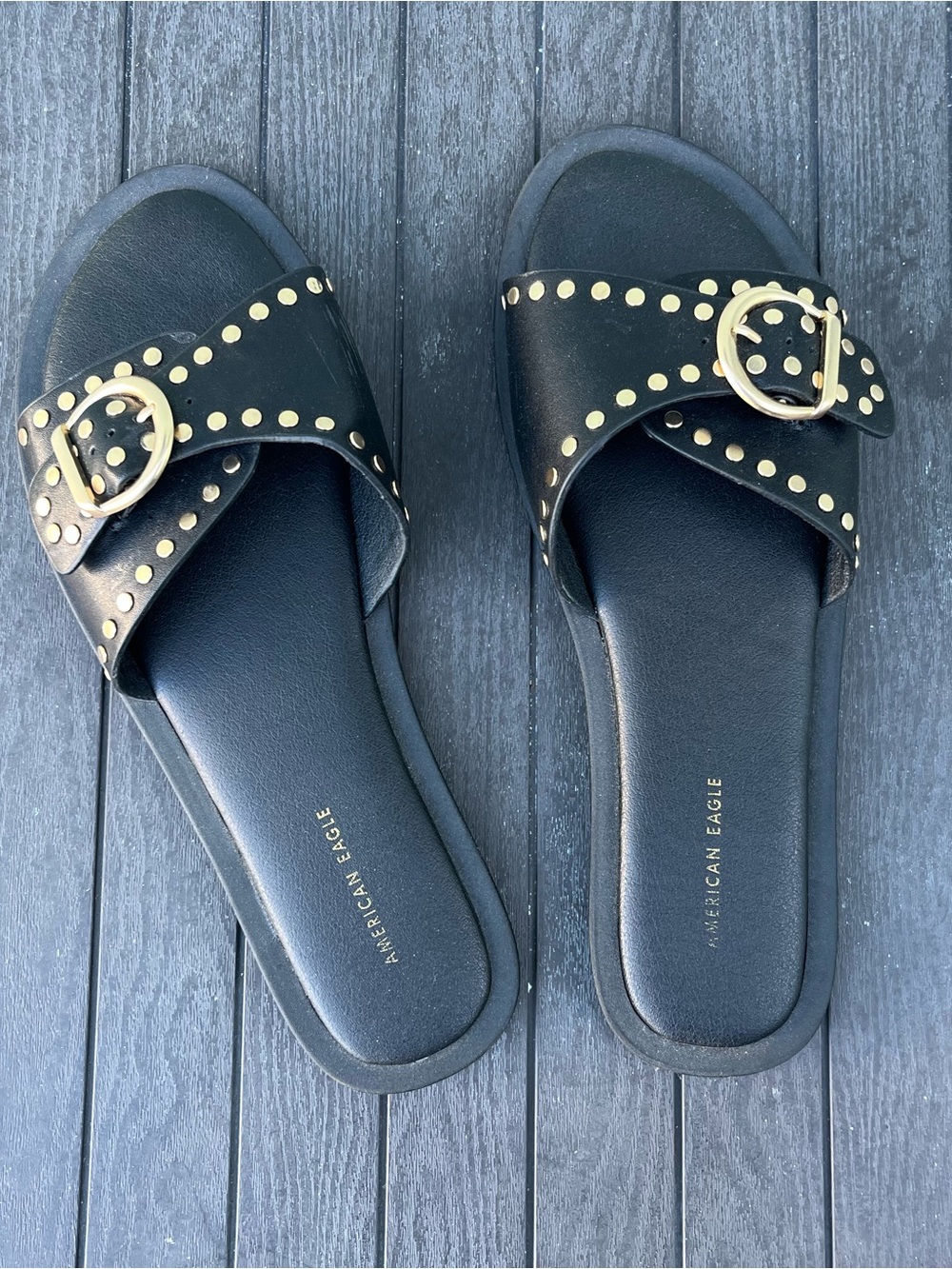 American Eagle Black Slide Sandals with Gold Studs and Buckle